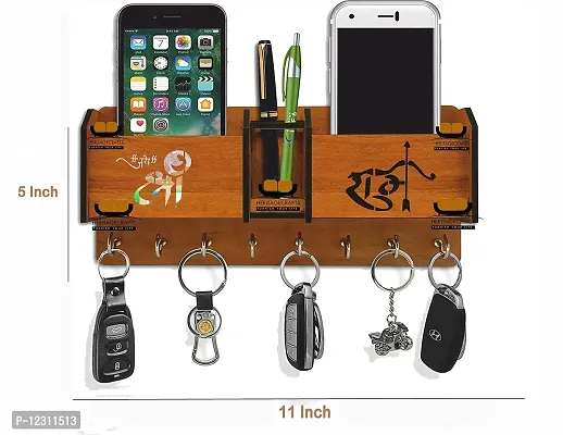 Iya Creations Unique Designer Wooden 2 Pocket Pen Stand 8 Hook Wood Key Holder (28 cm x 12.5 cm x 4 cm, Brown) (Shree ram Two Box)-thumb2