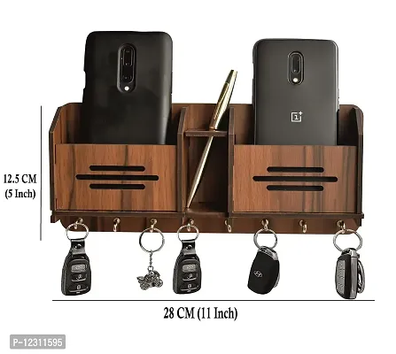 Iya Creations Unique Designer Wooden 8 Hook Wood Key Holder (28 cm x 12.5 cm x 4 cm, Brown) - 2 Pocket Pen Holder-thumb2