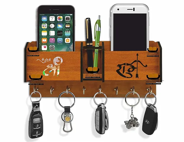 Iya Creations Unique Designer Wooden 2 Pocket Pen Stand 8 Hook Wood Key Holder (28 cm x 12.5 cm x 4 cm, Brown)