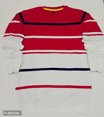 Men's Red Striped Cotton Blend Round Neck Tees-thumb0
