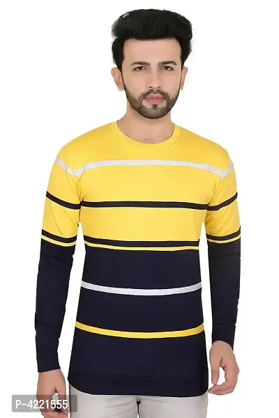 Men's Yellow Striped Cotton Blend Round Neck Tees