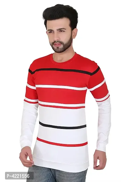 Men's Red Striped Cotton Blend Round Neck Tees