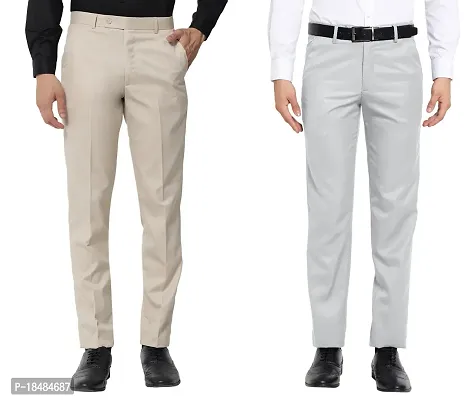 STALLINO Fashion PV Cream and Lightgrey Regular Fit Formal Trouser for Men - Office pant for Men-thumb0