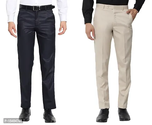 STALLINO Fashion PV Cream and Navyblue Reglar Fit Formal Trouser for Men - Office pant for Men-thumb0