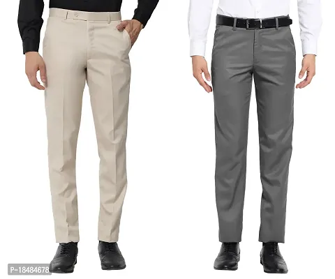 STALLINO Fashion PV Cream and Darkgrey Regular Fit Formal Trouser for Men - Office pant for Men-thumb0