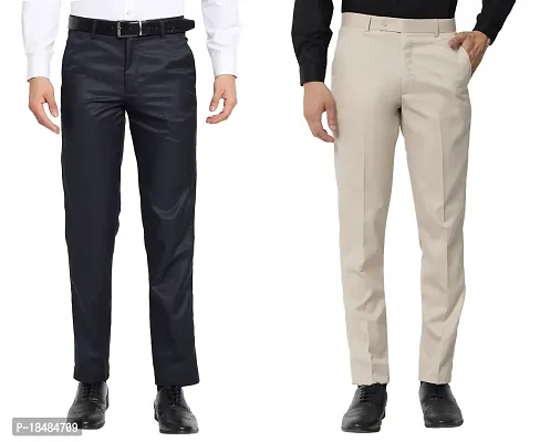 STALLINO Fashion PV Cream and Navyblue Reglar Fit Formal Trouser for Men - Office pant for Men
