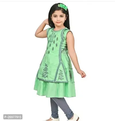 Stylish Cotton Blend Green Embroidered Kurta With Leggings Set For Girls