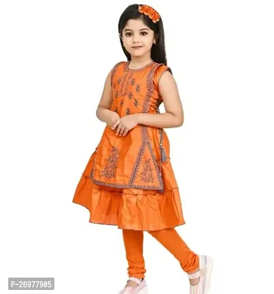 Stylish Cotton Blend Orange Embroidered Kurta With Leggings Set For Girls