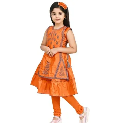 Stylish Blend Embroidered Kurta With Leggings Set For Girls