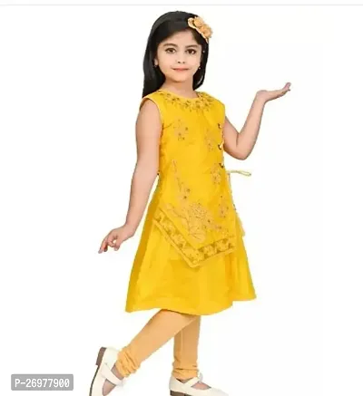 Stylish Cotton Blend Yellow Embroidered Kurta With Leggings Set For Girls