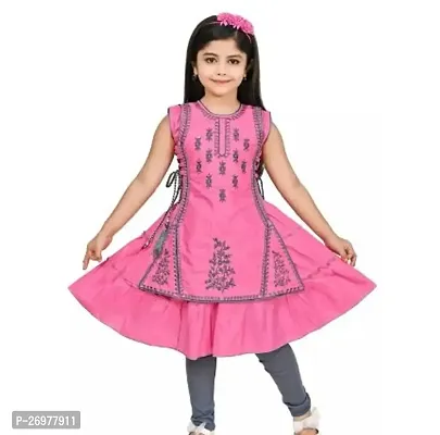 Stylish Cotton Blend Pink Embroidered Kurta With Leggings Set For Girls