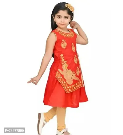 Stylish Cotton Blend Red Embroidered Kurta With Leggings Set For Girls