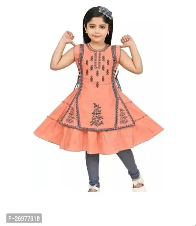 Stylish Cotton Blend Peach Embroidered Kurta With Leggings Set For Girls