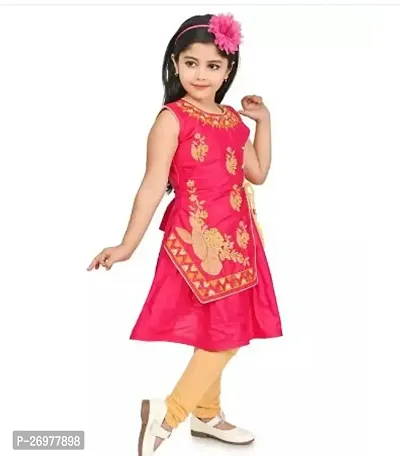 Stylish Cotton Blend Pink Embroidered Kurta With Leggings Set For Girls
