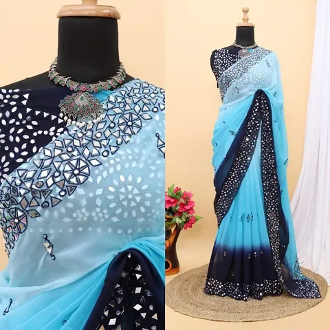 Georgette Embroidered Mirror Work Saree With Blouse piece