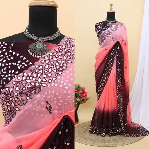Fancy Georgette Stone Work Sarees With Heavy Blouse