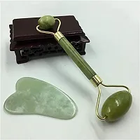 Natural Jade Stone Facial Roller Manual Massage with Gua Sha Tool for Face Eye Neck Foot Massage For Men and Women (Green)-thumb2