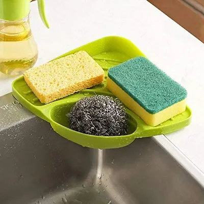 Kitchen Sink Corner Tool with Tray Storage Organizer Rack for Soap Dish Wash Basin (Plastic, Green), Pack of 1