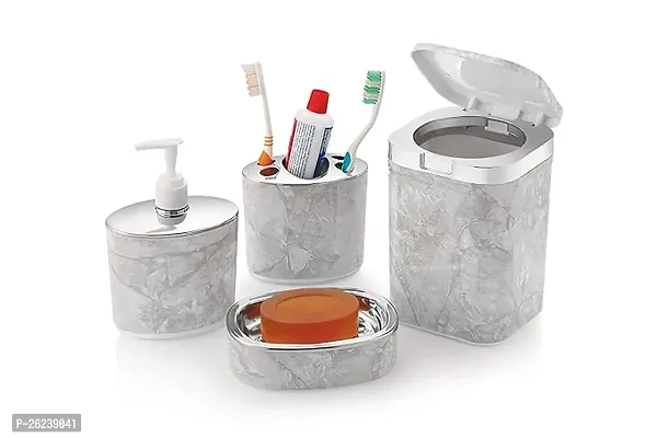 Bathroom Assesories Set Toothbrush Holder Soap Dish Soap Dispenser Dustbin (Set of 4, Grey, Opal, Polystyrene)