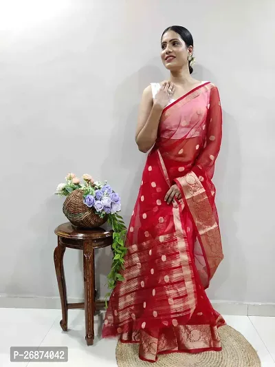 Reeta Fashion Designer Red Kanjivaram Organza Butti work Saree With Unstitched Blouse-thumb4