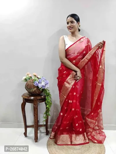 Reeta Fashion Designer Red Kanjivaram Organza Butti work Saree With Unstitched Blouse-thumb3