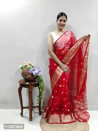 Reeta Fashion Designer Red Kanjivaram Organza Butti work Saree With Unstitched Blouse-thumb0