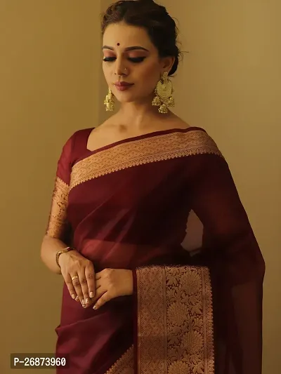 Reeta Fashion Gorgeous Maroon Kanjivaram Organza Solid  Saree With Unstitched Blouse-thumb3