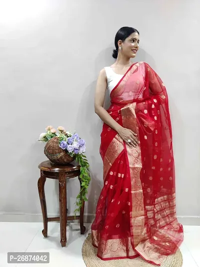 Reeta Fashion Designer Red Kanjivaram Organza Butti work Saree With Unstitched Blouse-thumb2