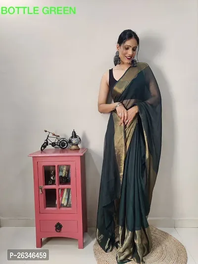 Reeta Fashion Ready To Wear Gorgeous Bottle green GEORGETTE WITH GOLD PATTA Jacquard Work Stitched Saree With Unstitched Blouse-thumb0