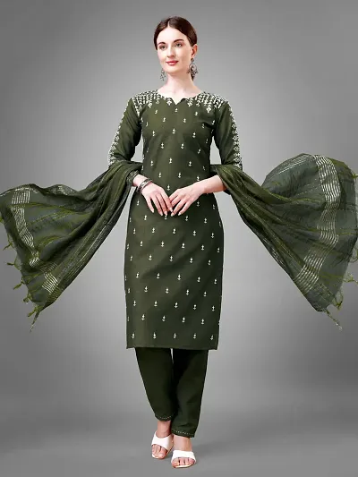 Stylish Cotton Blend Embroidered Kurta Bottom Dupatta Set