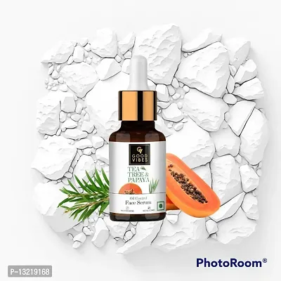Good Vibes Tea Tree  Papaya Oil Control Face Serum, 30 ml Light Weight Absorbs Quickly Clarifying Formula For Oily Skin Type, Helps Reduce Acne  Blemishes Naturally, No Parabens, No Animal Testing||