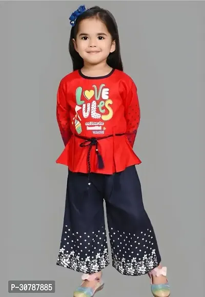 Stylish Printed Cotton Blend Top With Bottom Set For Girls