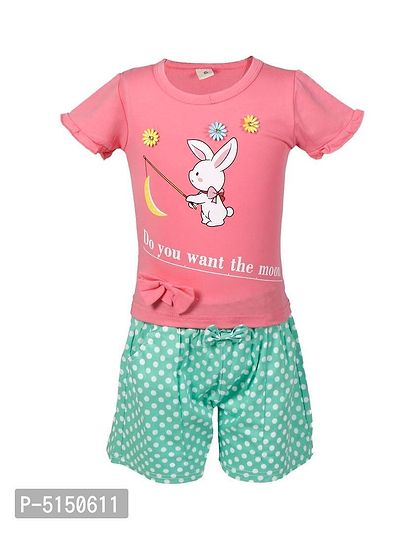 Stylish Pink Cotton Blend Bunny Printed Top With Shorts For Girls-thumb2