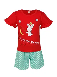 Stylish Red Cotton Blend Bunny Printed Top With Shorts For Girls-thumb1