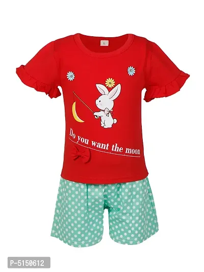 Stylish Red Cotton Blend Bunny Printed Top With Shorts For Girls-thumb2