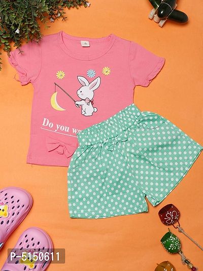 Stylish Pink Cotton Blend Bunny Printed Top With Shorts For Girls