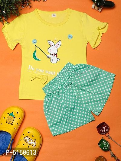 Stylish Yellow Cotton Blend Bunny Printed Top With Shorts For Girls