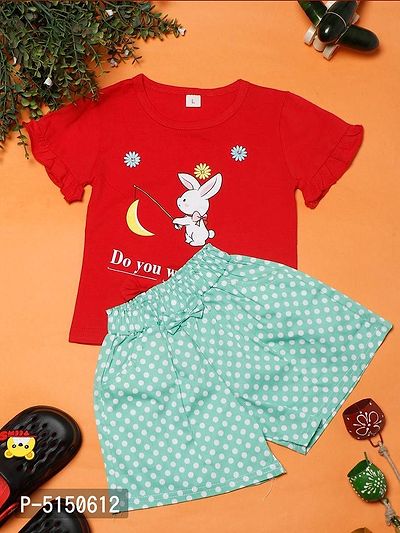 Stylish Red Cotton Blend Bunny Printed Top With Shorts For Girls
