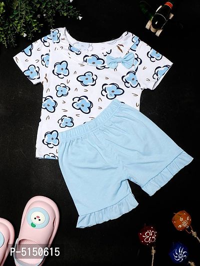 Stylish Blue Cotton Blend Flower Printed Top With Shorts For Girls-thumb0