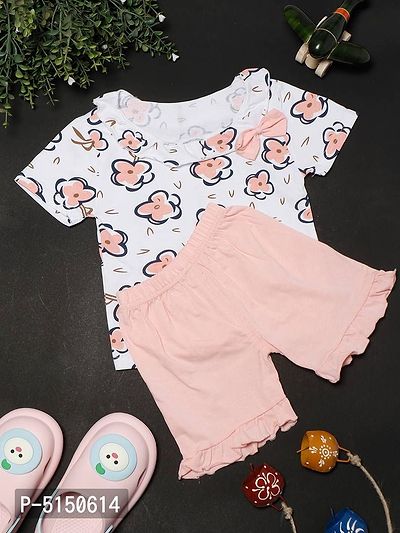Stylish Pink Cotton Blend Flower Printed Top With Shorts For Girls