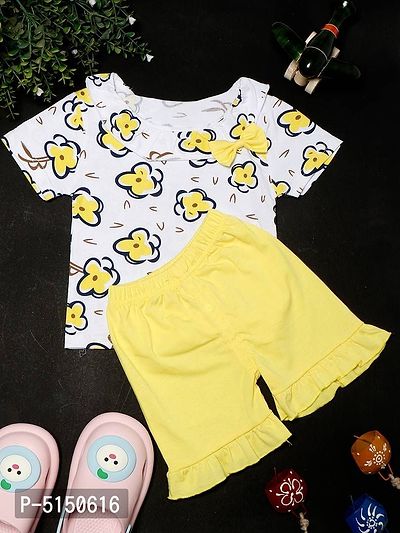 Stylish Yellow Cotton Blend Flower Printed Top With Shorts For Girls