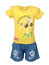 Stylish Yellow Cotton Blend Candies Printed Top With Shorts For Girls-thumb1