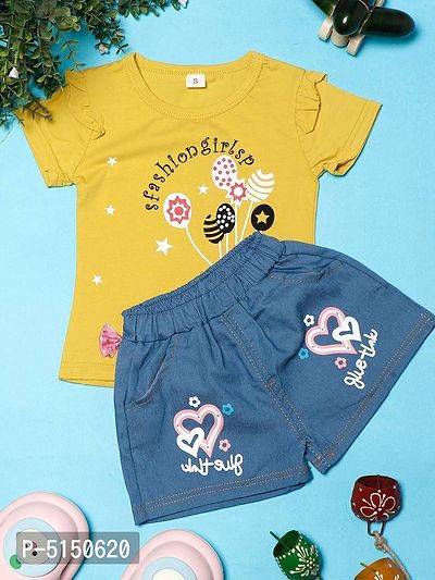 Stylish Yellow Cotton Blend Candies Printed Top With Shorts For Girls