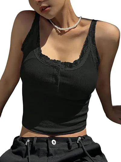 Stylish Lace Trim Button Front Wide Strap Top For Women