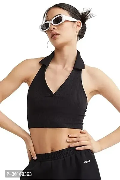 Stylish Womens Open Back Collared Ribbed Crop Top-thumb0