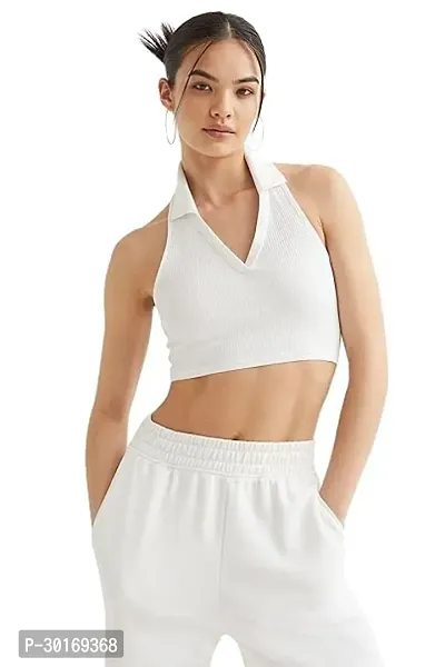 Stylish Womens Open Back Collared Ribbed Crop Top-thumb0