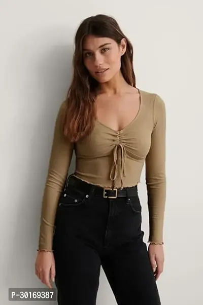 Stylish Vneck Front Drawstring Full Sleeve Ribbed Top For Women