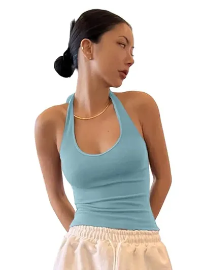 Stylish Ribbed Halter Neck Tie Back Top For Women