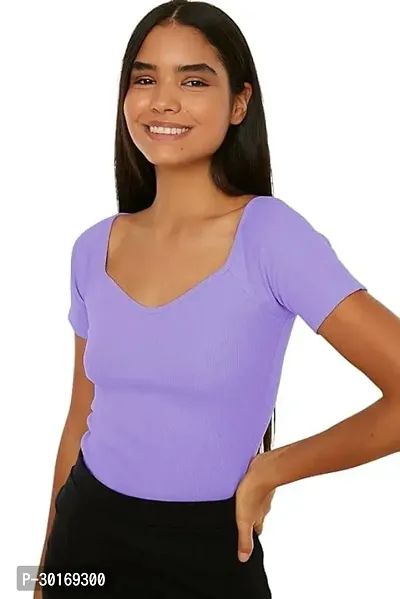 Stylish Womens Heart Neck Short Sleeves Cotton Ribbed Top