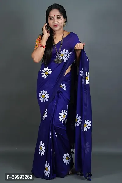 Elegant Navy Blue Cotton Printed Saree With Blouse Piece For Women